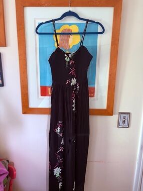 Free People Black Floral Spaghetti-Strap Maxi Dress with elastic hold on breast.